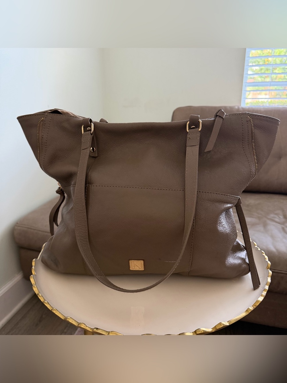 Kooba Everette Taupe Brown Leather Expandable Side Zip Large Tote Shoulder Bag